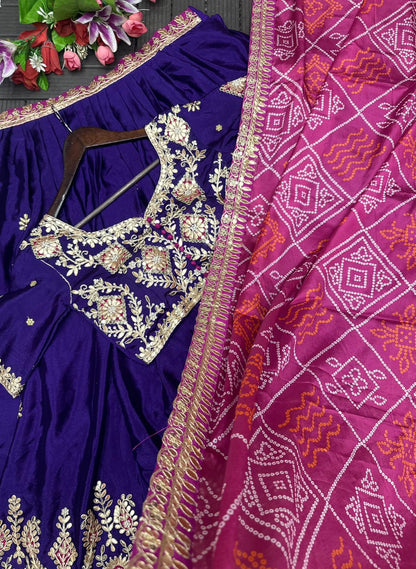 Purple Chinon Embroidery Lehenga Choli with Gotta Patti Work | Full Stitched