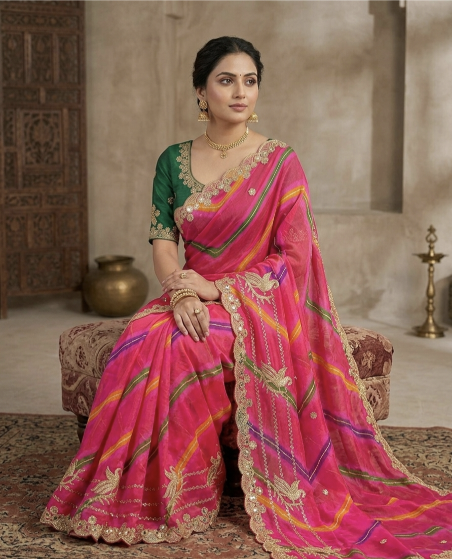 Premium Pink Organza Silk Saree with Heavy Embroidery & Mirror Work | Designer Party Wear Saree