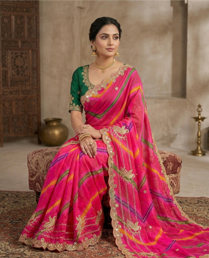 Premium Pink Organza Silk Saree with Heavy Embroidery & Mirror Work | Designer Party Wear Saree