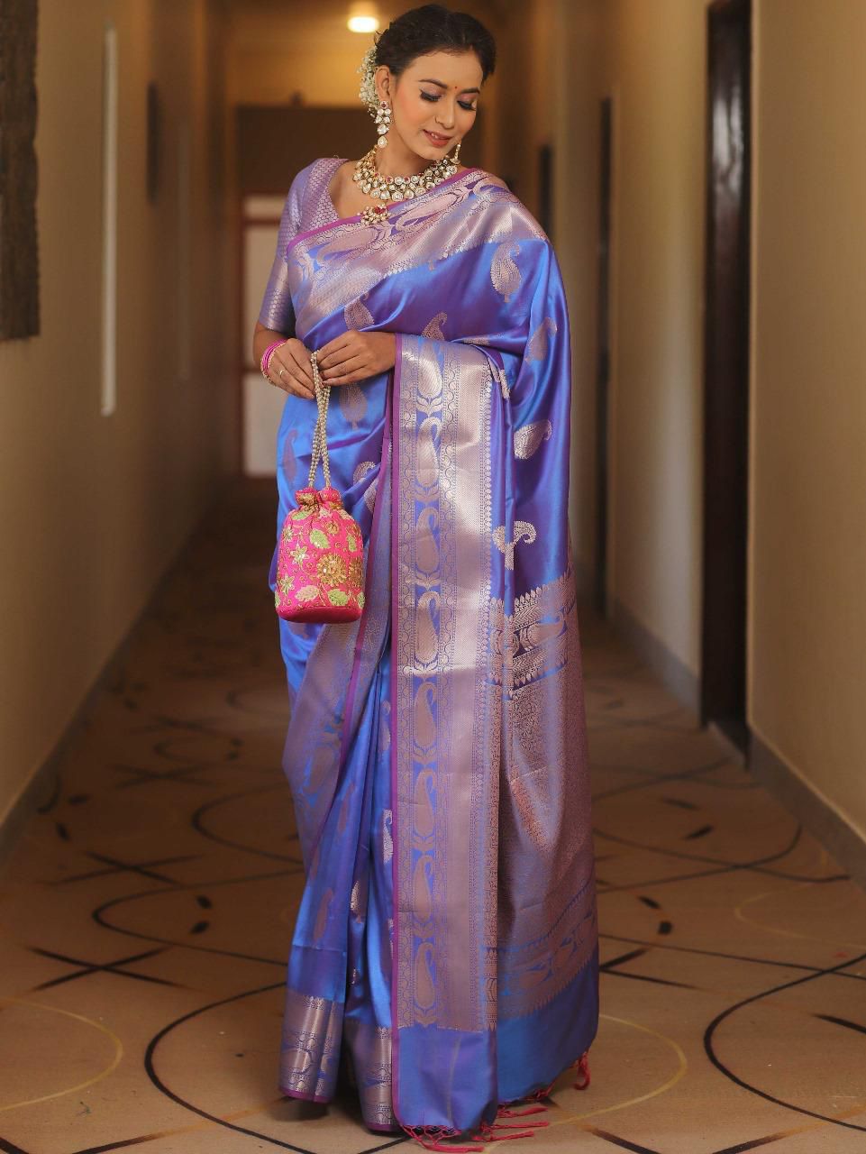 Pure Gold Zari Lichi Silk Saree