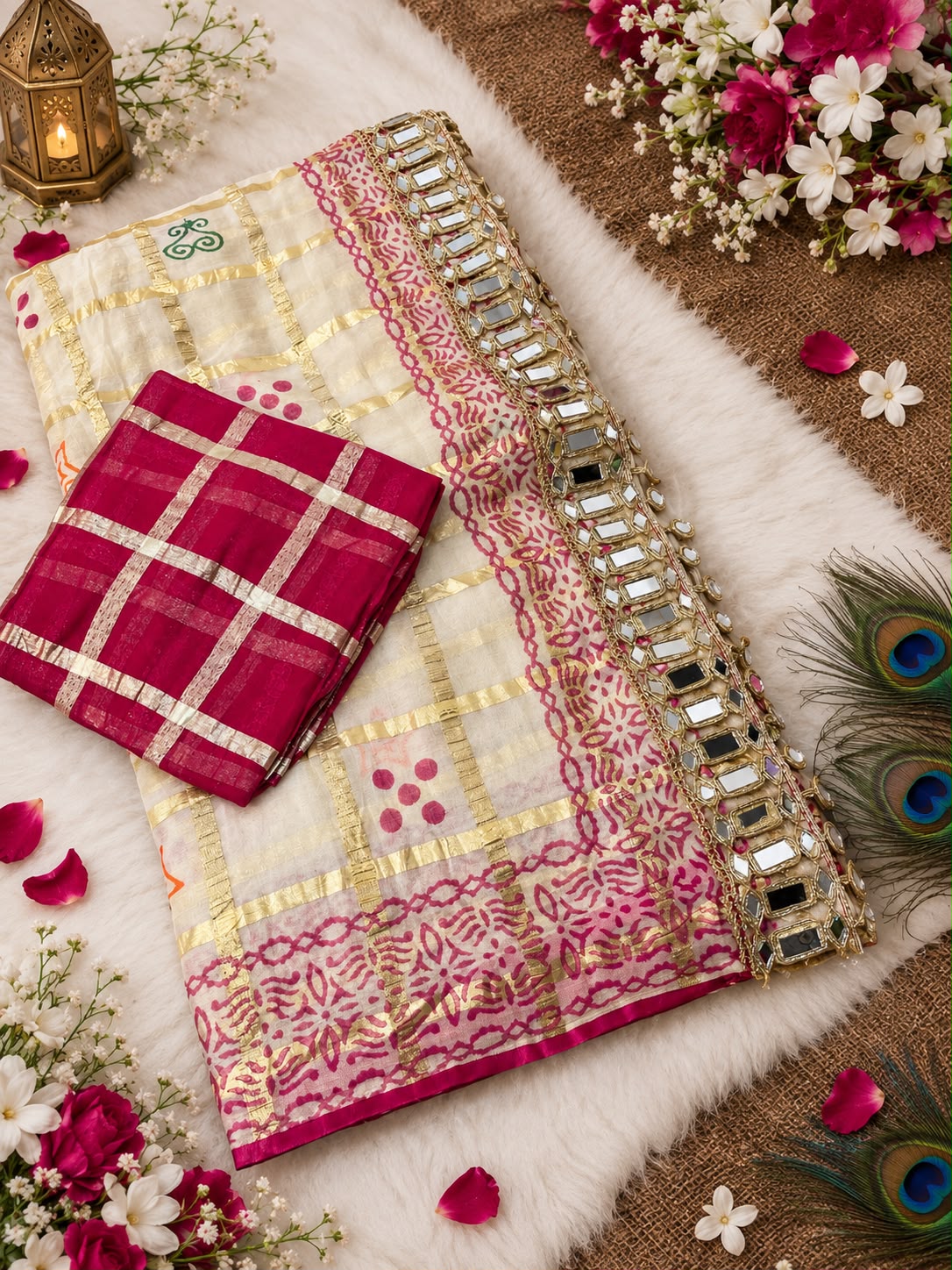 Premium Soft Viscose Checks Weaving Saree with Heavy Mirror Work Border & Unstitched Blouse