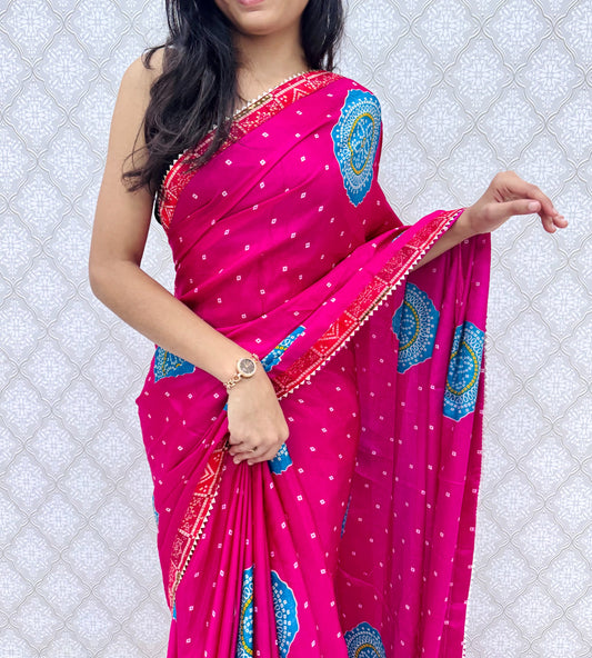 Chinon Bandhani Style Printed Saree with Designer Contrast Border (6.30 Mtr)