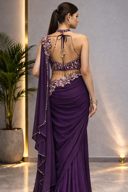 Super Trending Star Georgette Embroidery Sequence Ready To Wear Saree With Designer Blouse