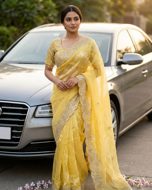 Elegant Crystal Crush Tissue Saree – Designer Embroidered Party Wear