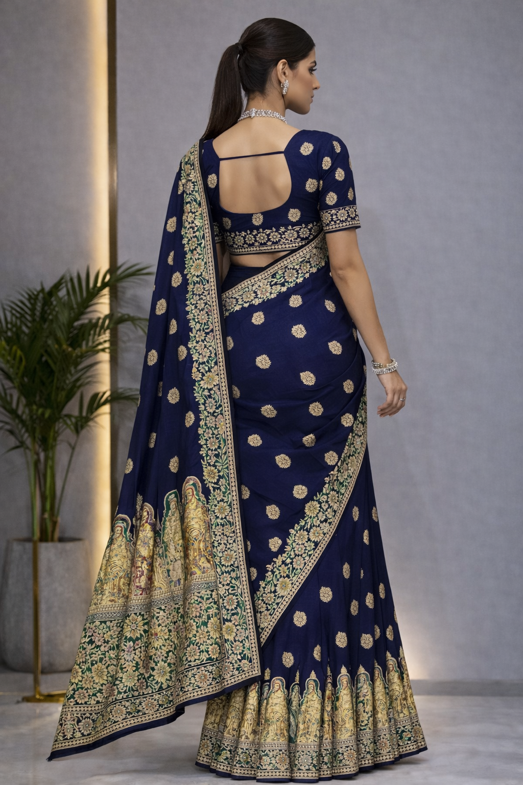 Pure Silk Meenakari Foil Print Designer Saree With Contrast Blouse