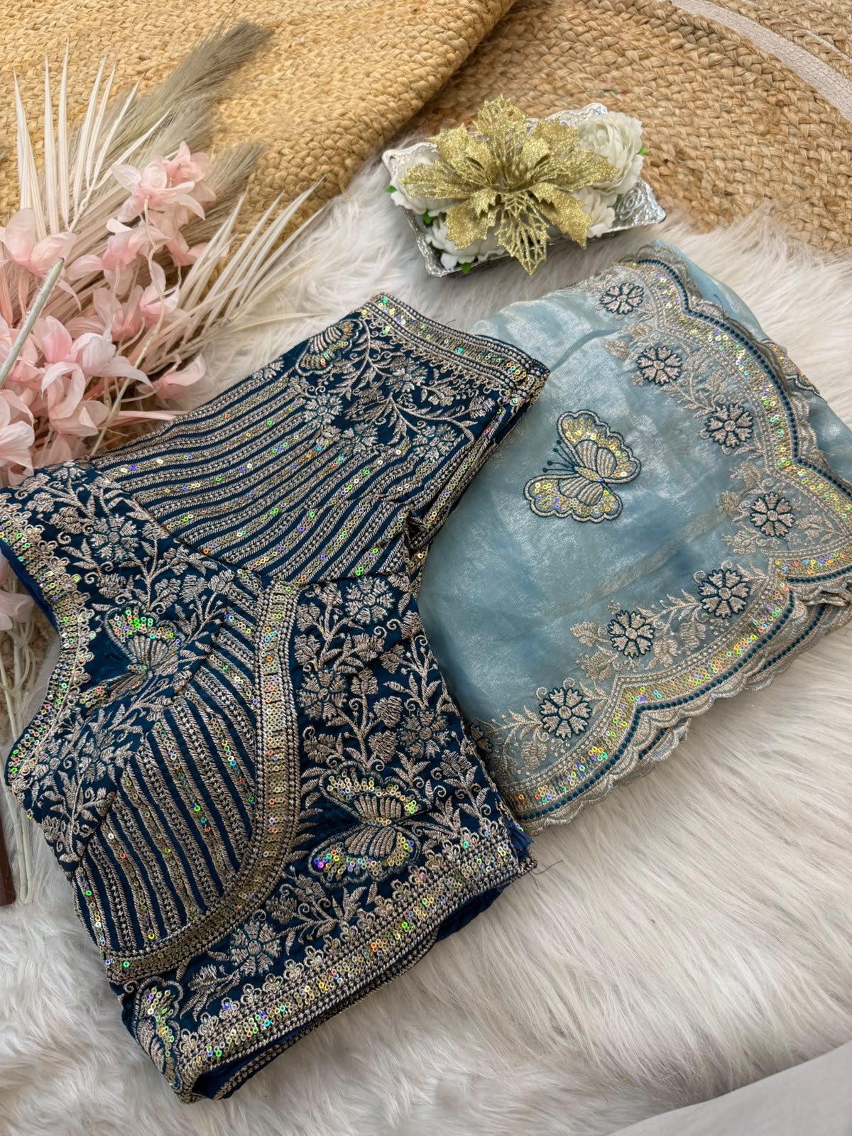 Sabyasachi Inspired Space Silk Saree with Butterfly Embroidery & Stitched Blouse