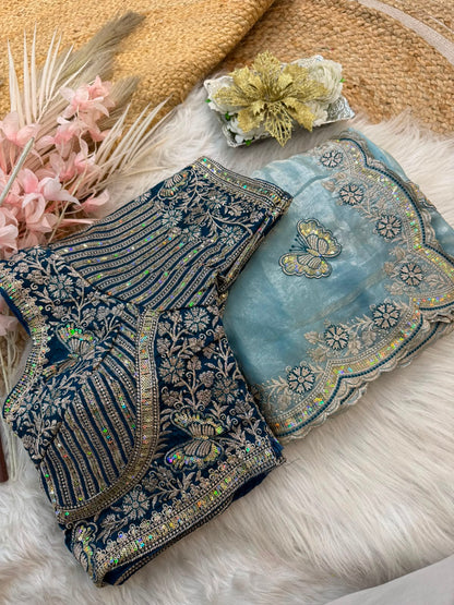 Sabyasachi Inspired Space Silk Saree with Butterfly Embroidery & Stitched Blouse