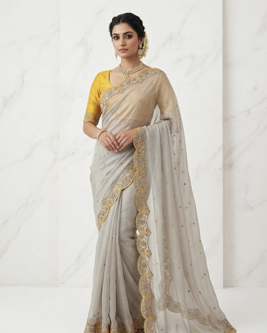 Soft Rangoli Silk Saree with Zari Embroidery Work & Contrast Blouse