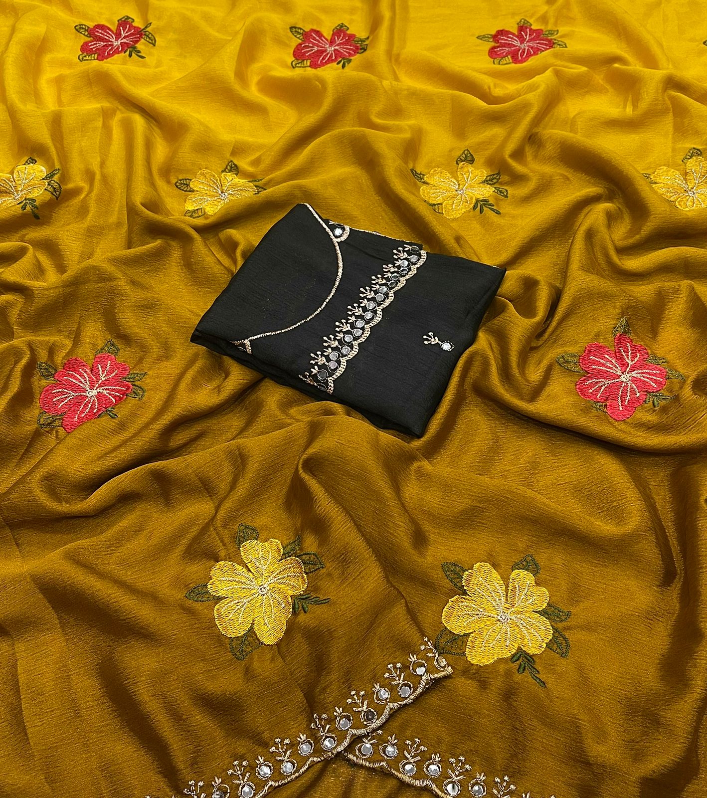 Soft Chinon Dual Shade Silk Saree with Embroidery & Mirror Work
