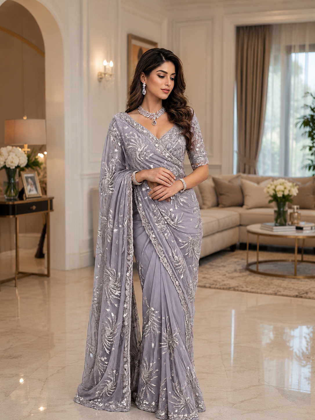 Premium Butterfly Soft Net Saree With Multi Sequence & Thread Embroidery