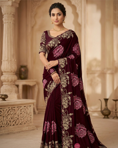 Designer Floral Embroidered Silk Saree with Rich Zari Work