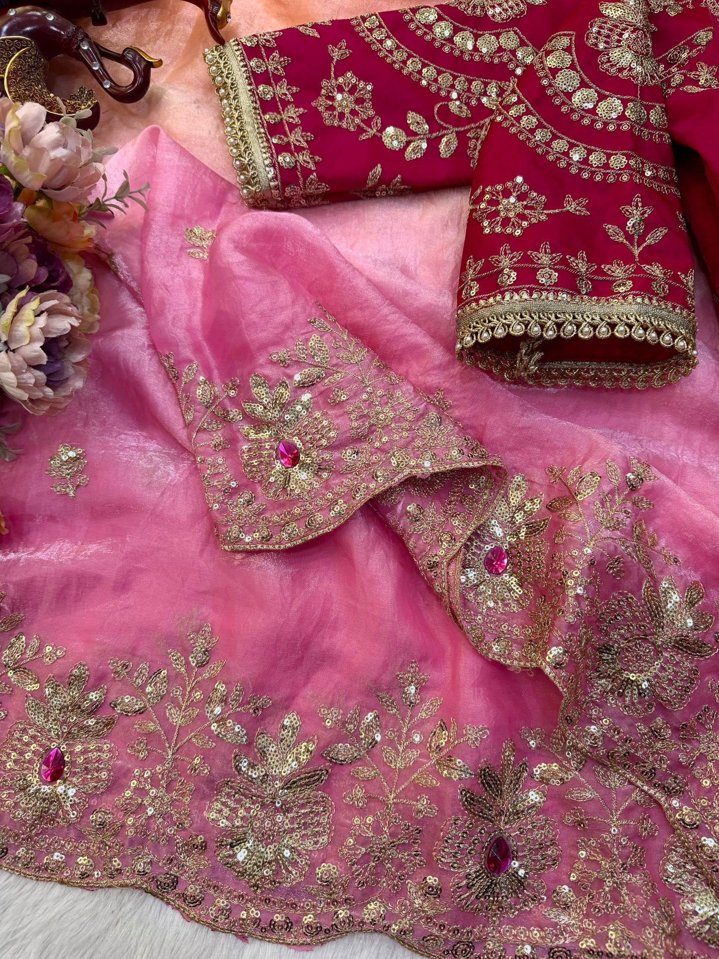 Soft Space Silk Shaded Saree with Hand Mina, Sequins & Zari Embroidery | Full Stitch Blouse