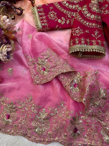 Soft Space Silk Shaded Saree with Hand Mina, Sequins & Zari Embroidery | Full Stitch Blouse