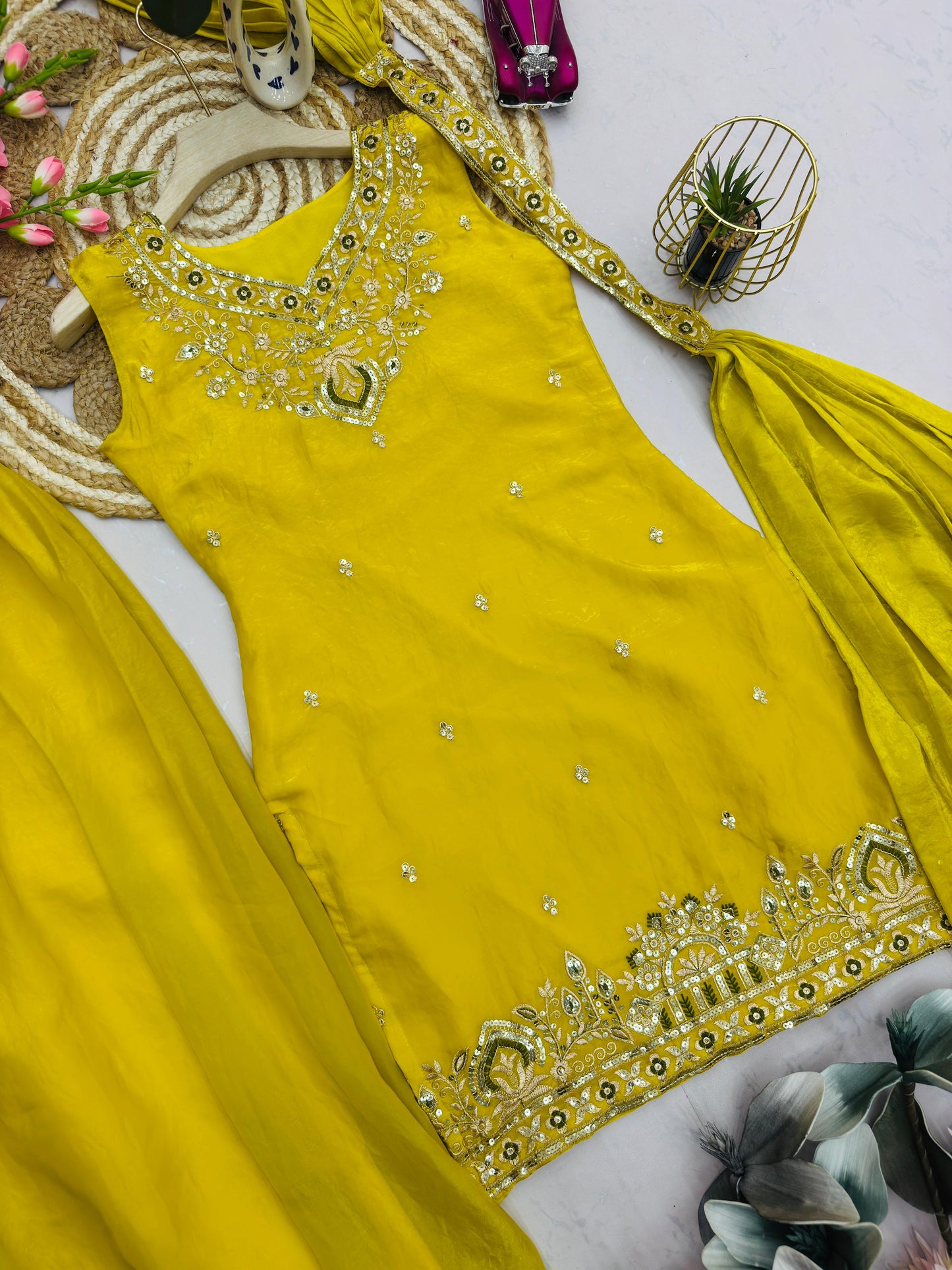 Heavy Two Tone Fendy Silk Sharara Suit With Embroidery Sequins Work & Dupatta