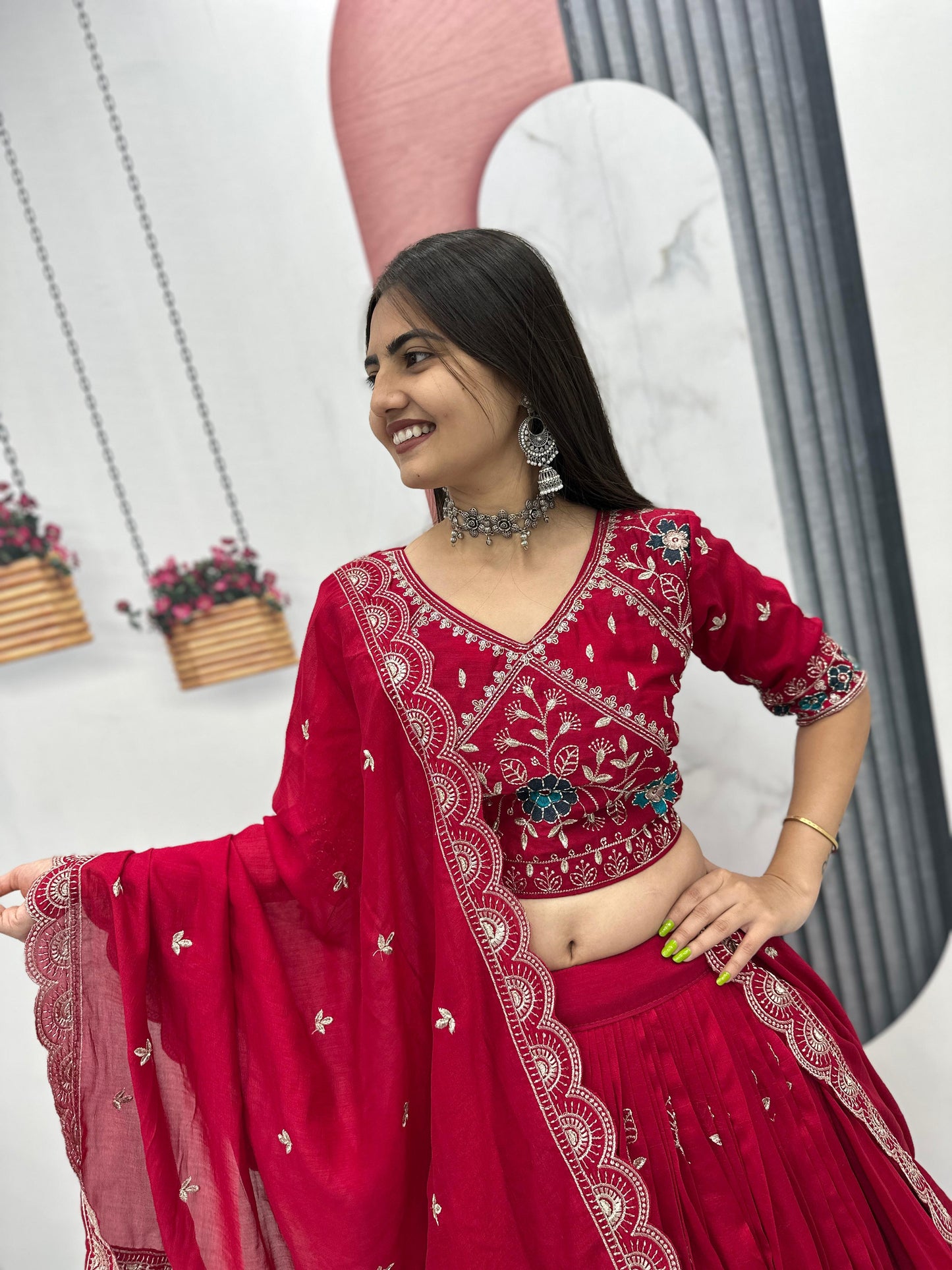 Festival Wear Heavy Embroidery Vichitra Silk Lehenga Choli Set | Red & Purple
