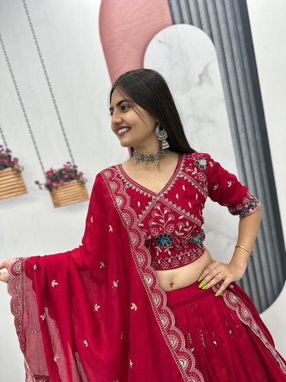 Festival Wear Heavy Embroidery Vichitra Silk Lehenga Choli Set | Red & Purple