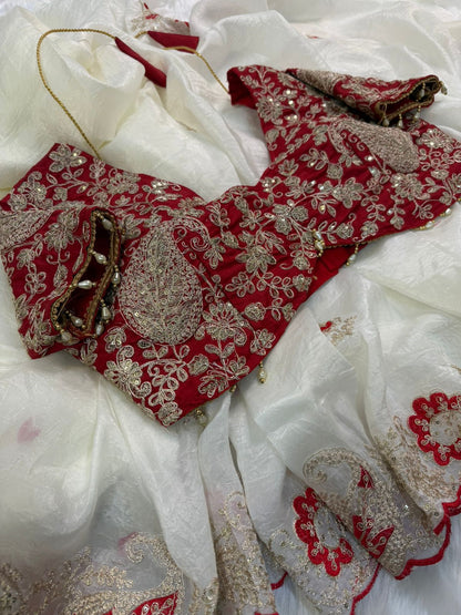Elegant Crystal Crush Tissue Saree – Designer Embroidered Party Wear