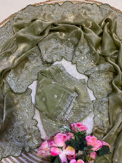 Soft Space Silk Satin Saree With Heavy Embroidery Sequence & Zari Work