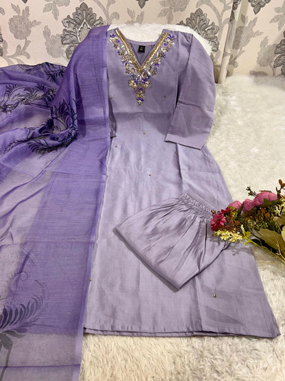 Premium Roman Silk Kurti Pant Dupatta Set with Hand Work