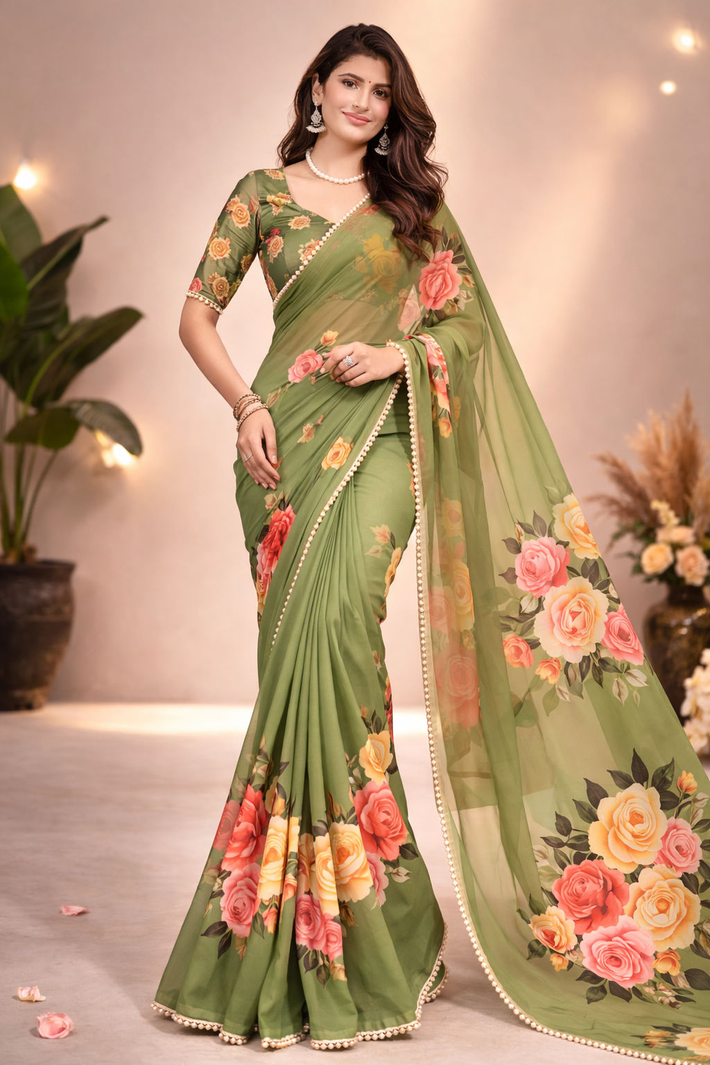 Floral Digital Print Georgette Saree With Pearl Lace Border