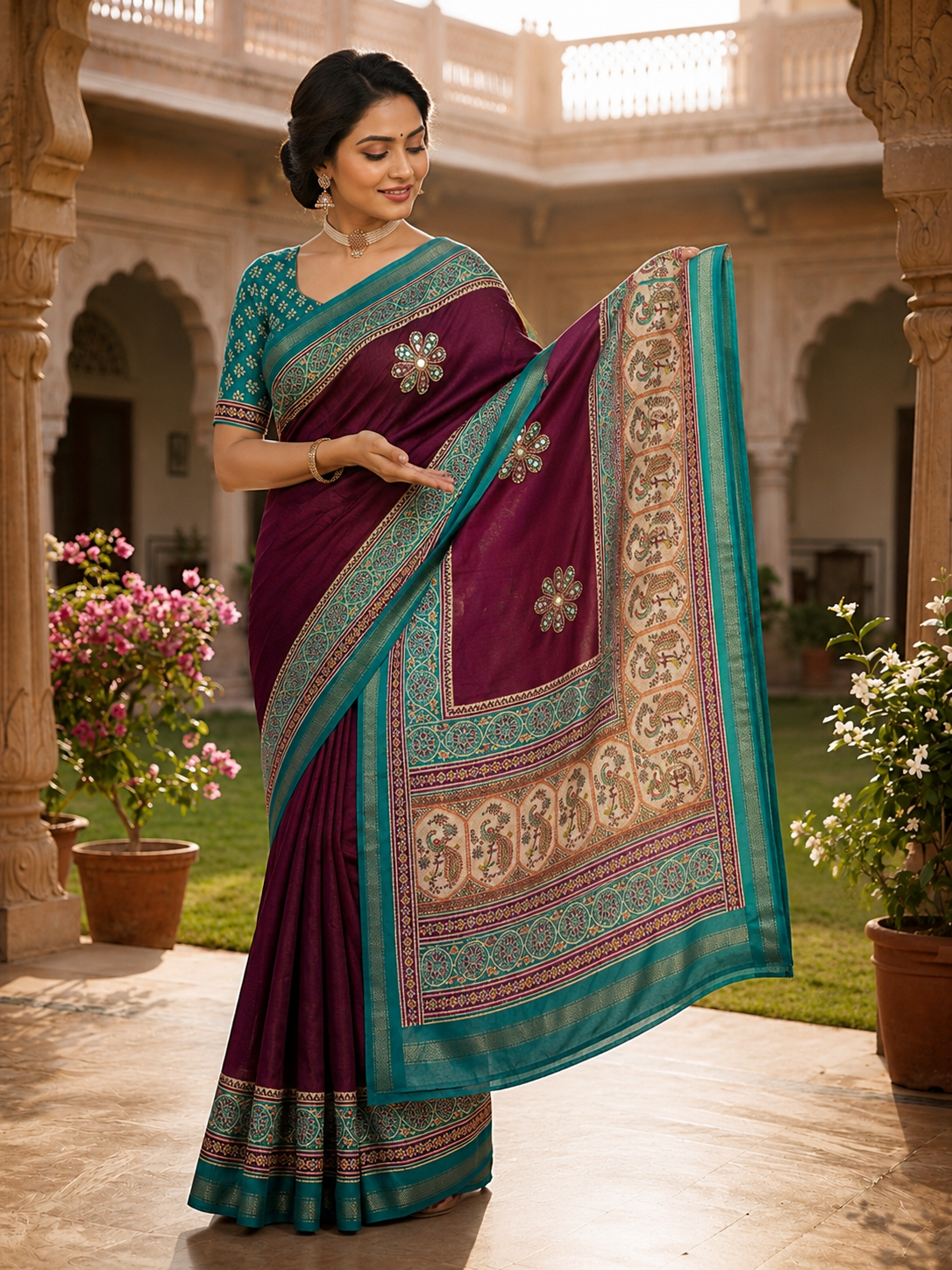 Premium Mul Cotton Printed Saree with Mirror Work & Designer Border