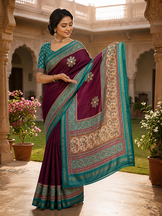 Premium Mul Cotton Printed Saree with Mirror Work & Designer Border