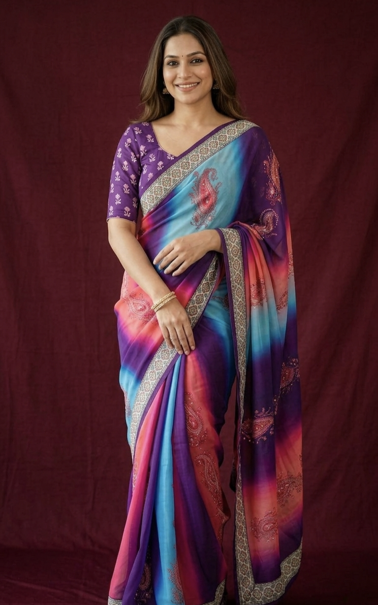 Designer Chinon Digital Print Mirror Work Saree Collection