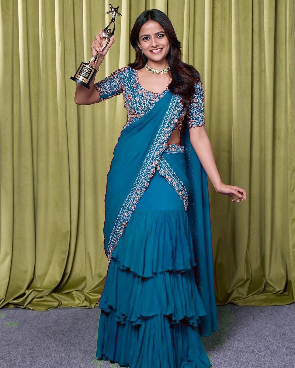 Designer Ruffle Lehenga Saree with Stitched Embroidered Blouse