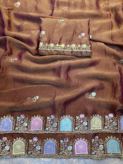 Star Satin Georgette Saree with Thread & Sequins Embroidery Border