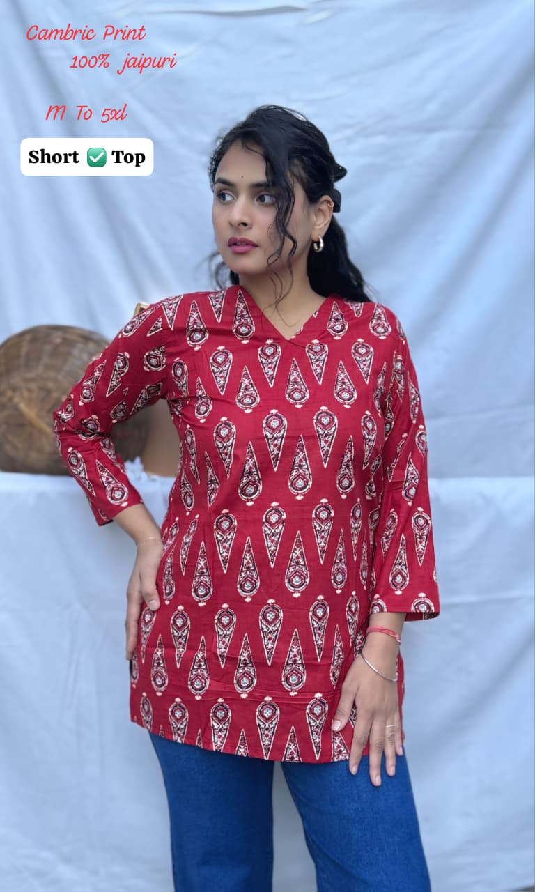 Jaipuri Cambric Cotton Printed Short Top for Women | Casual Tunic | V-Neck Daily Wear (M-5XL)