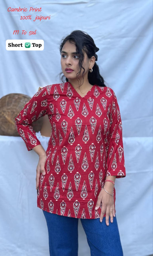 Jaipuri Cambric Cotton Printed Short Top for Women | Casual Tunic | V-Neck Daily Wear (M-5XL)
