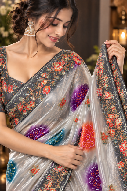 Soft Shine Space Silk Saree with Bandhej Print, C-Pallu Gotafoil Work & Butti