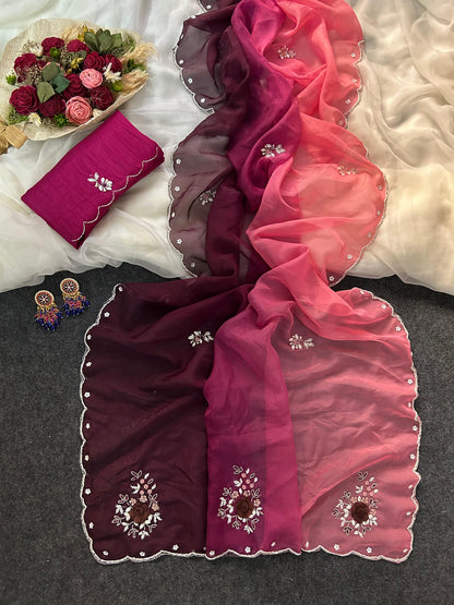 Vrinda Designer Organza Saree With Handwork Butties & Cutdana Border
