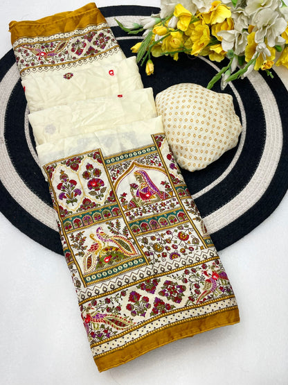 Premium Pure Moss Chiffon Saree with Peacock Floral Print & Mirror Work