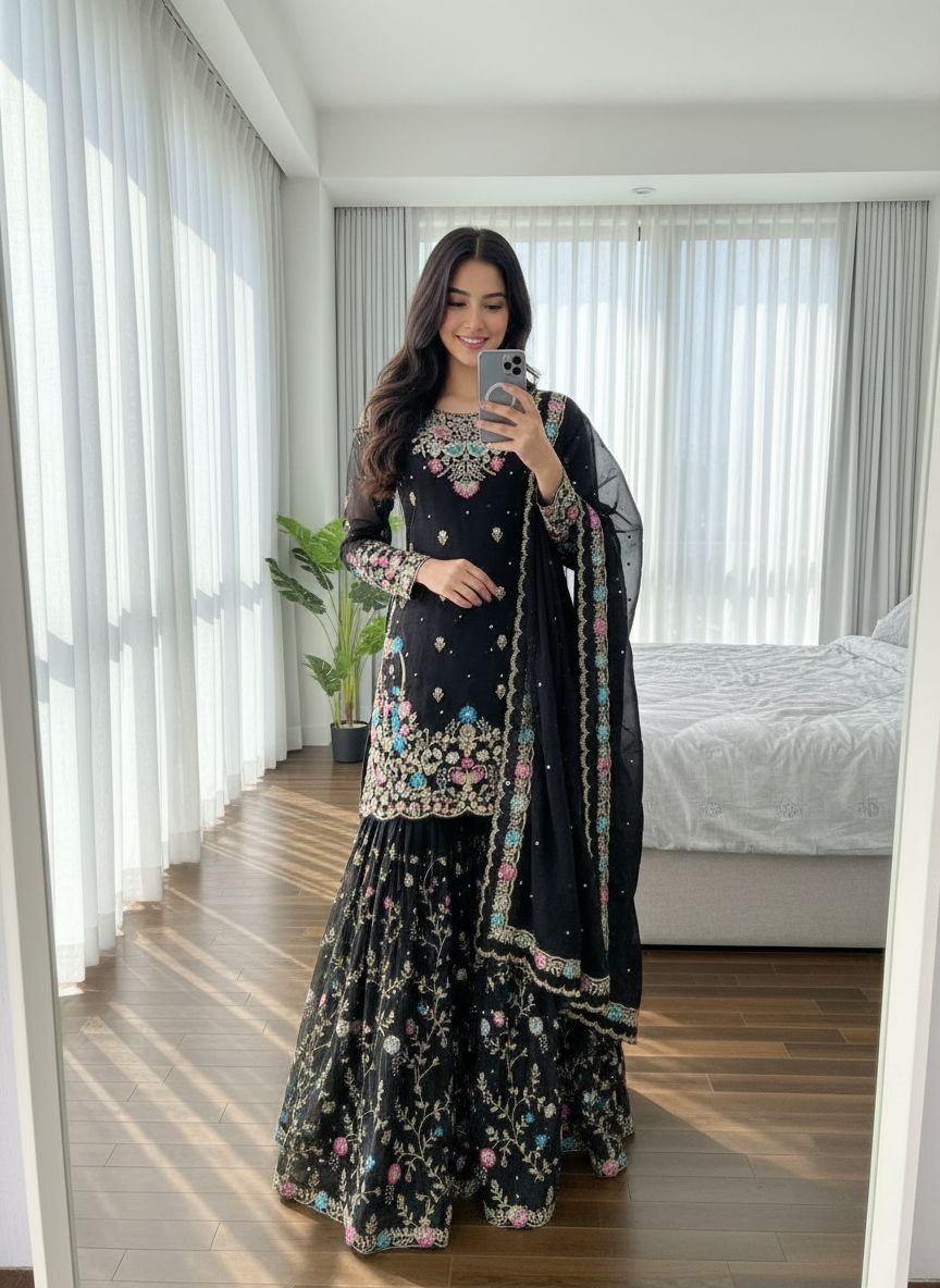 5000 Series Premium JMC Silk Anarkali Sharara Set with Heavy Embroidery & Dupatta