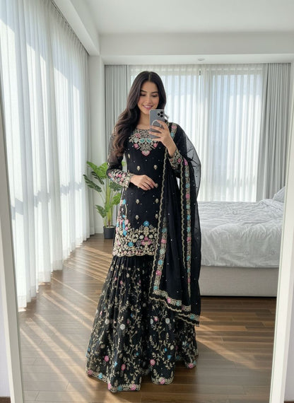 5000 Series Premium JMC Silk Anarkali Sharara Set with Heavy Embroidery & Dupatta