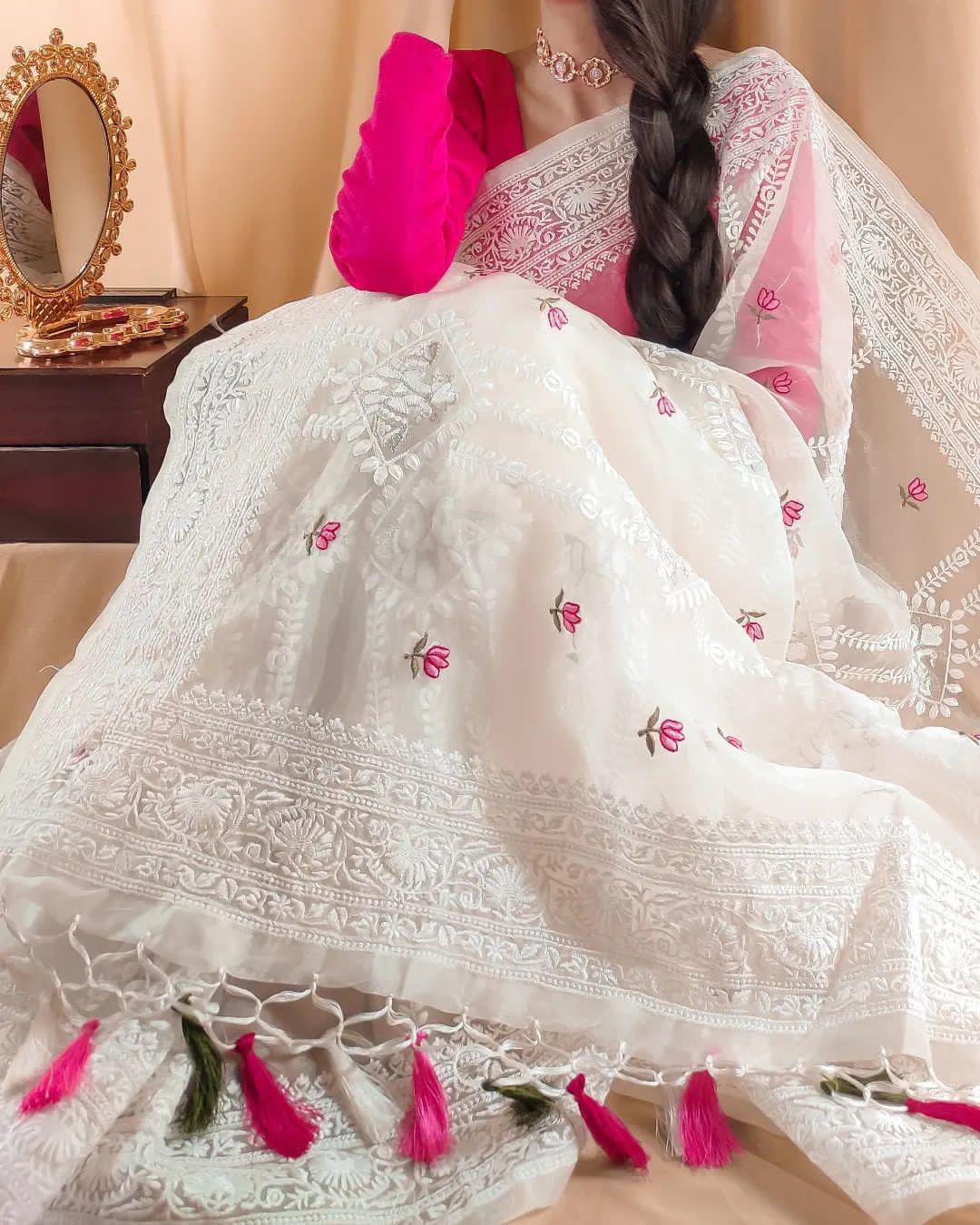 Pure Soft Organza Silk Saree with Lucknowi Embroidery & Silver Zari Work