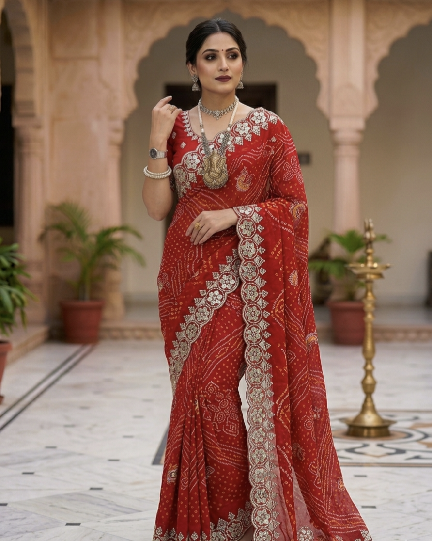 Bandhani Printed Saree with Rich Embroidered Border – Festive & Traditional Wear (2 Colors)