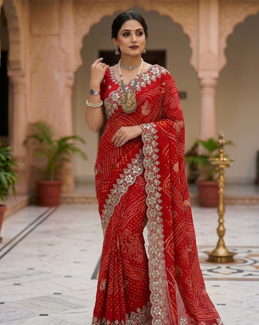 Bandhani Printed Saree with Rich Embroidered Border – Festive & Traditional Wear (2 Colors)