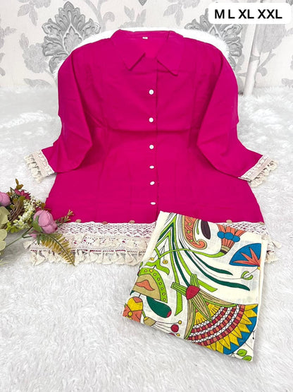 Stylish Cotton Flax Cord Set | Button Top & Printed Pant Co-Ord Set for Women