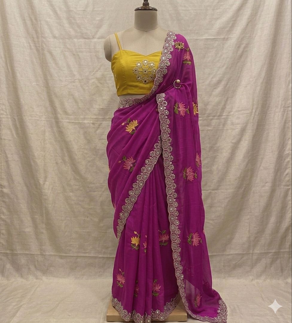 Designer Rangoli Silk Saree With Embroidery Work & Real Mirror Cutwork Border