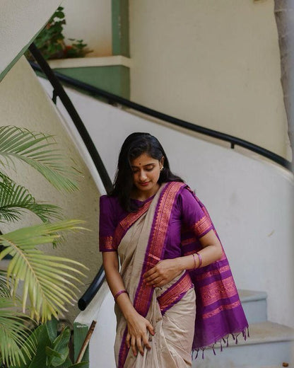 Beige Purple Border Saree