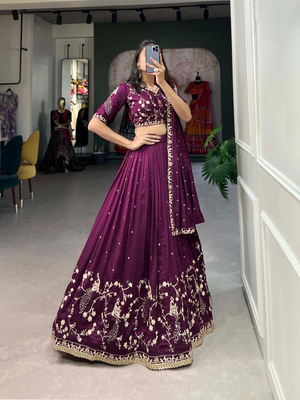 Elegant Chinnon Silk Embroidered Lehenga Choli with Zari Work & Gotta Patti Dupatta