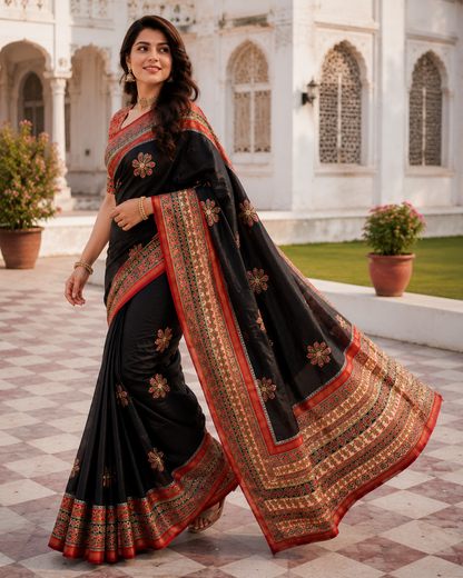 Premium Mul Cotton Printed Saree with Mirror Work & Designer Border