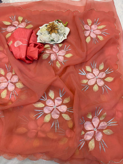 Pure Bari Chiffon Saree with Handwork & Floral Hand Print