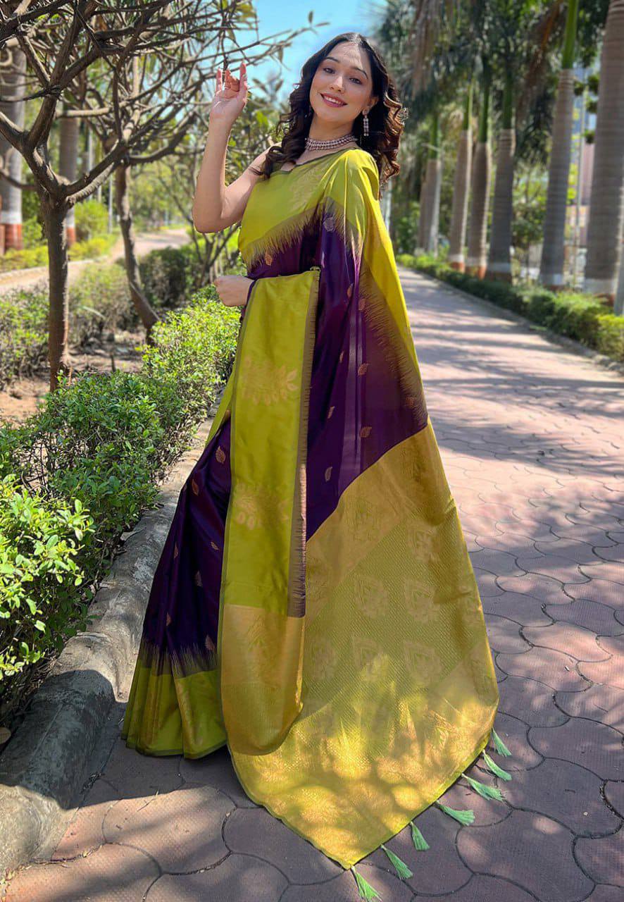 Olive Green & Purple Zari Work Saree