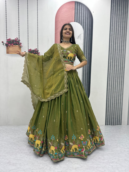 Festival Special Heavy Embroidered Moss Simar Lehenga Choli with Dupatta | Orange & Olive Green