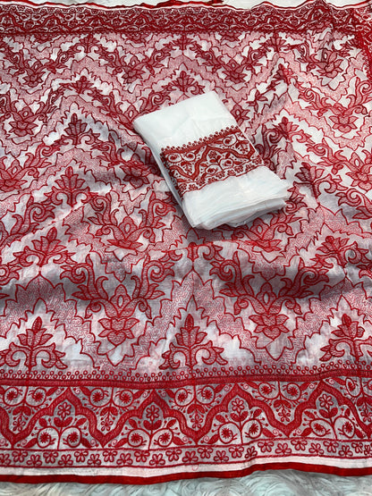 White Red Crush Silk Embroidery Saree