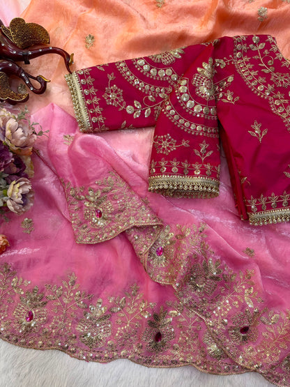 Soft Space Silk Shaded Saree with Hand Mina, Sequins & Zari Embroidery | Full Stitch Blouse