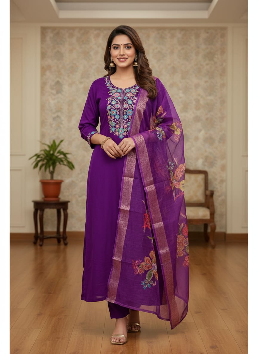 Premium Roman Silk Embroidered Kurti Pant Dupatta Set – Festive Collection